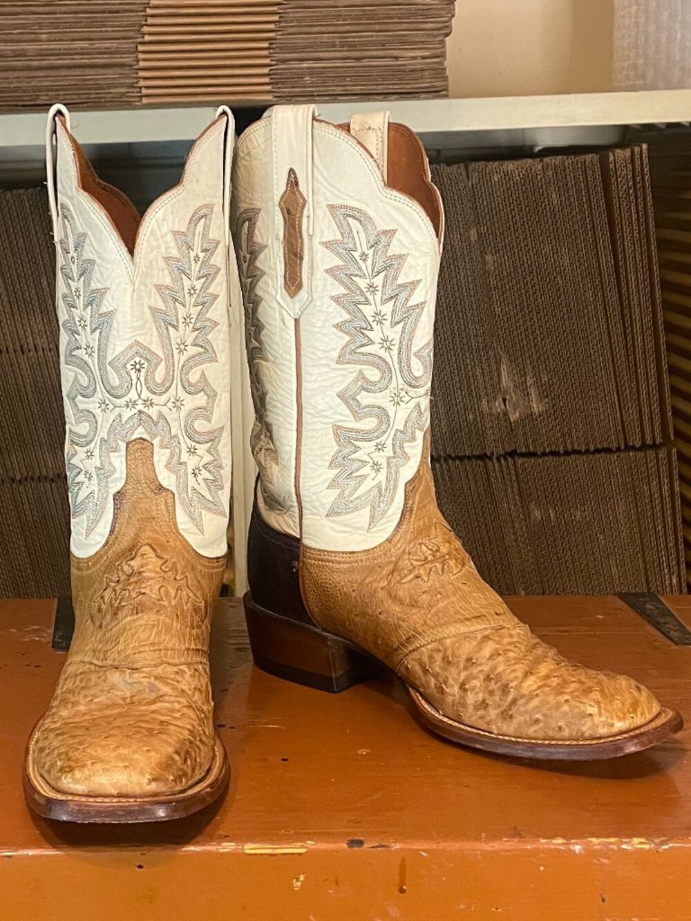 LUCCHESE Women's Size 10 B Exotic Full Ostrich Bone Tan Chocolate Cowboy Boots - Picture 6 of 10